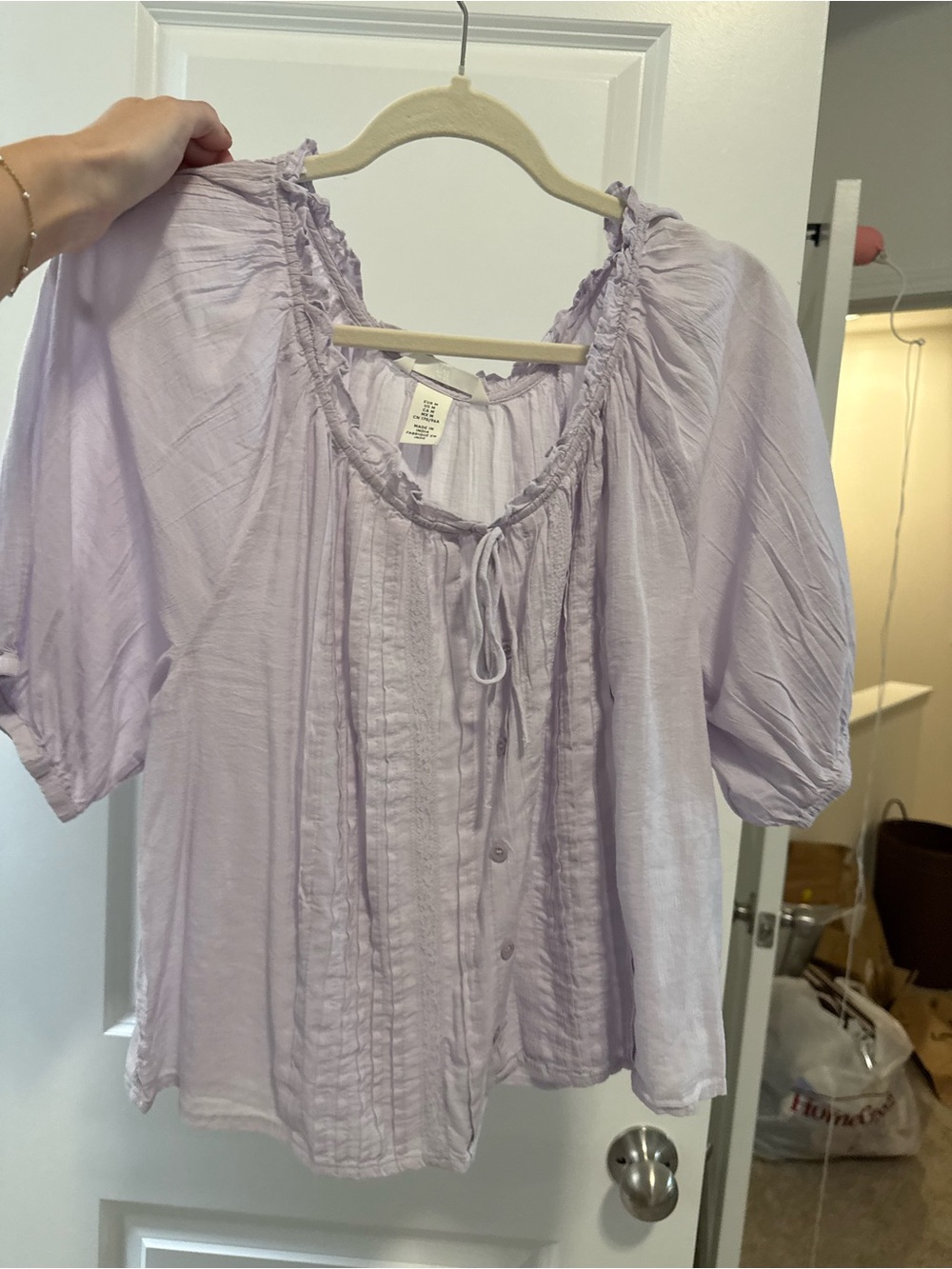 H&M Light Lavender Peasant Blouse with Tie Neck